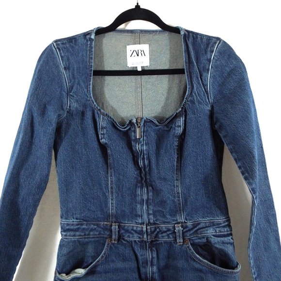 Zara Blue Denim Zippered Seamed Square Neck Long Sleeve Jumpsuit Size Large - Picture 8 of 14